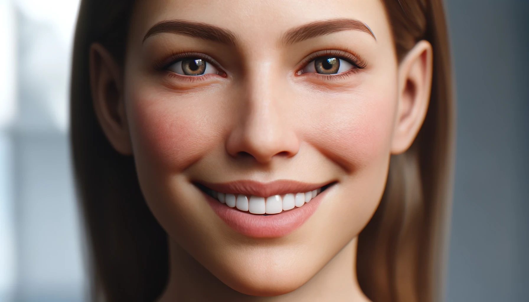 a close-up of a smiling young woman with brown hair and brown eyes.