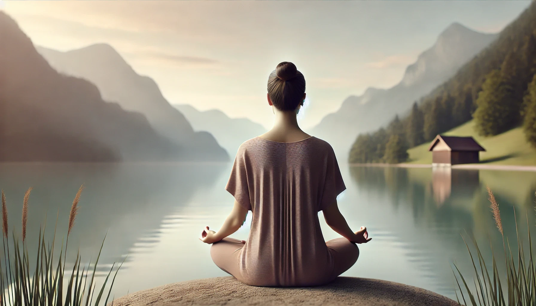 a woman meditating, viewed from the back. She is seated in a cross-legged position with a straight posture, facing a calm lake.